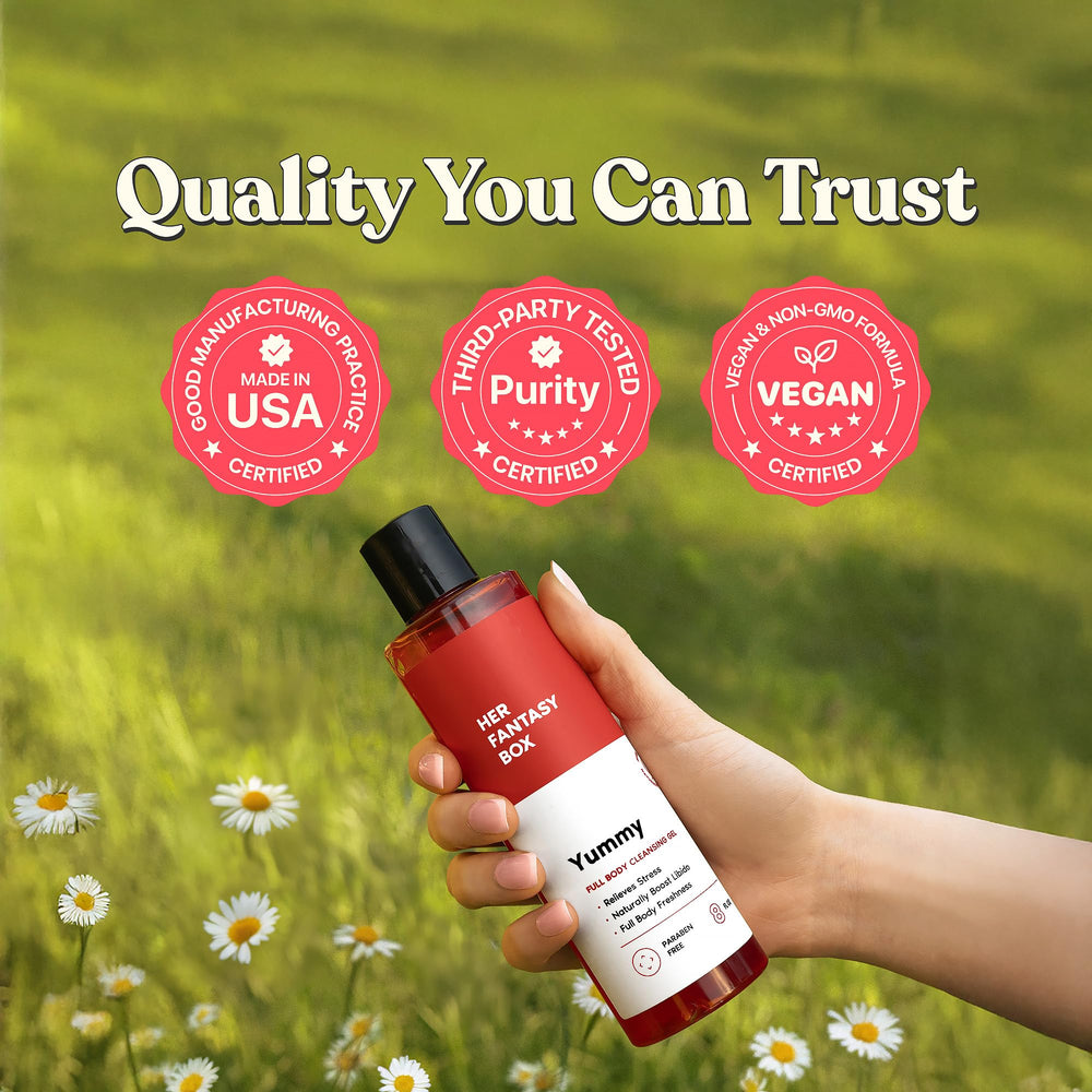 Her Fantasy Box Yummy Body Wash ingredients close-up emphasizes aloe and vitamin E.