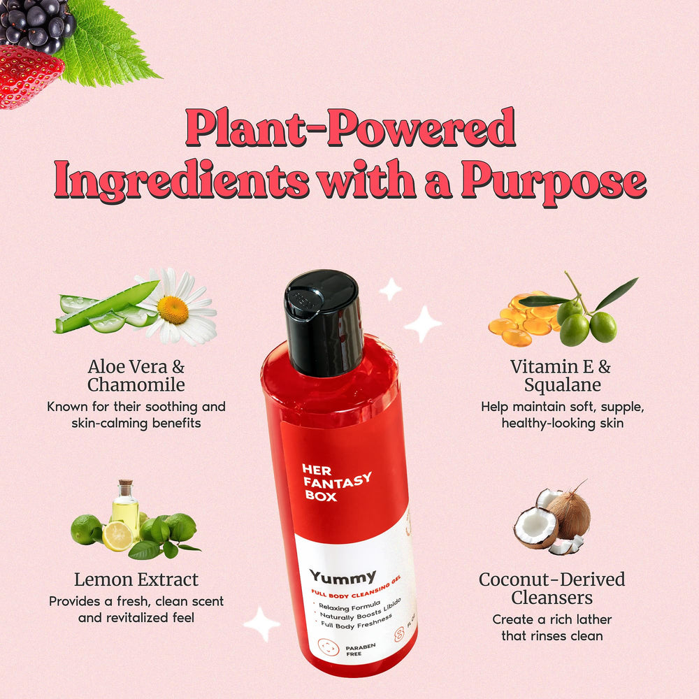 Her Fantasy Box Yummy Body Wash lather in hand promoting clean, soft skin.