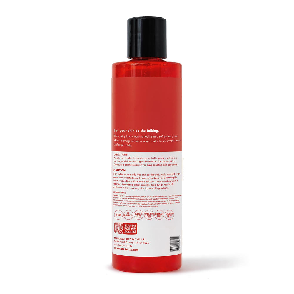 Her Fantasy Box Yummy Body Wash lifestyle shot for daily self-care routine.