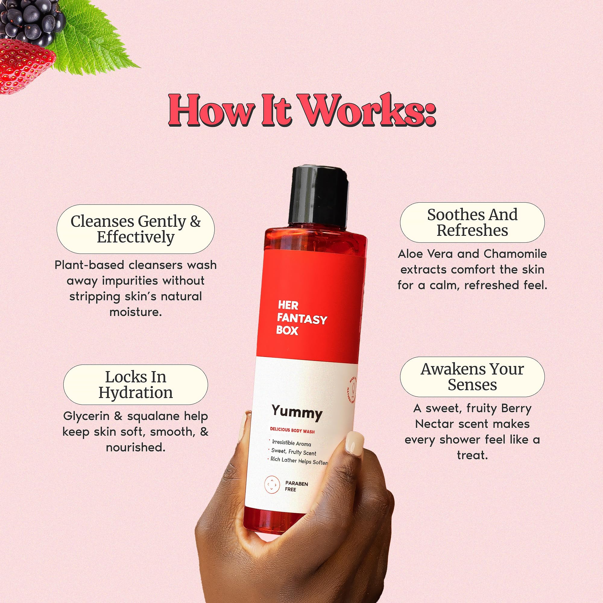 Her Fantasy Box Yummy Body Wash pump dispensing shows easy daily use.
