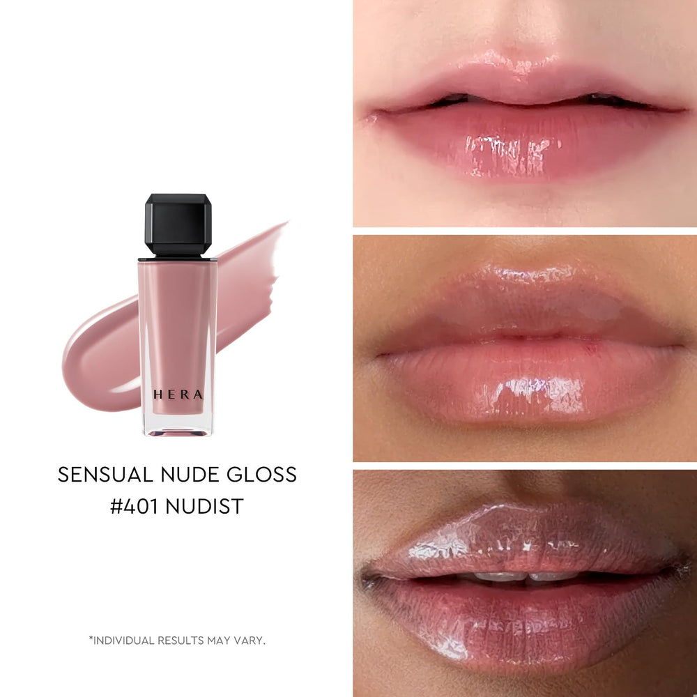 HERA Sensual Nude Lip Gloss 401 Nudist swatch highlights MLBB tone for natural lips.