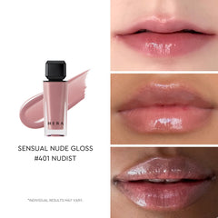 HERA Sensual Nude Lip Gloss 401 Nudist swatch highlights MLBB tone for natural lips.