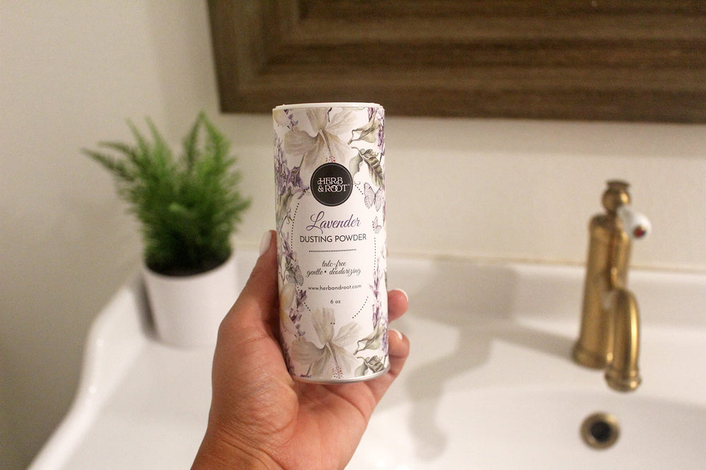 Herb & Root lavender powder application demonstrates refreshing, odor-control use.