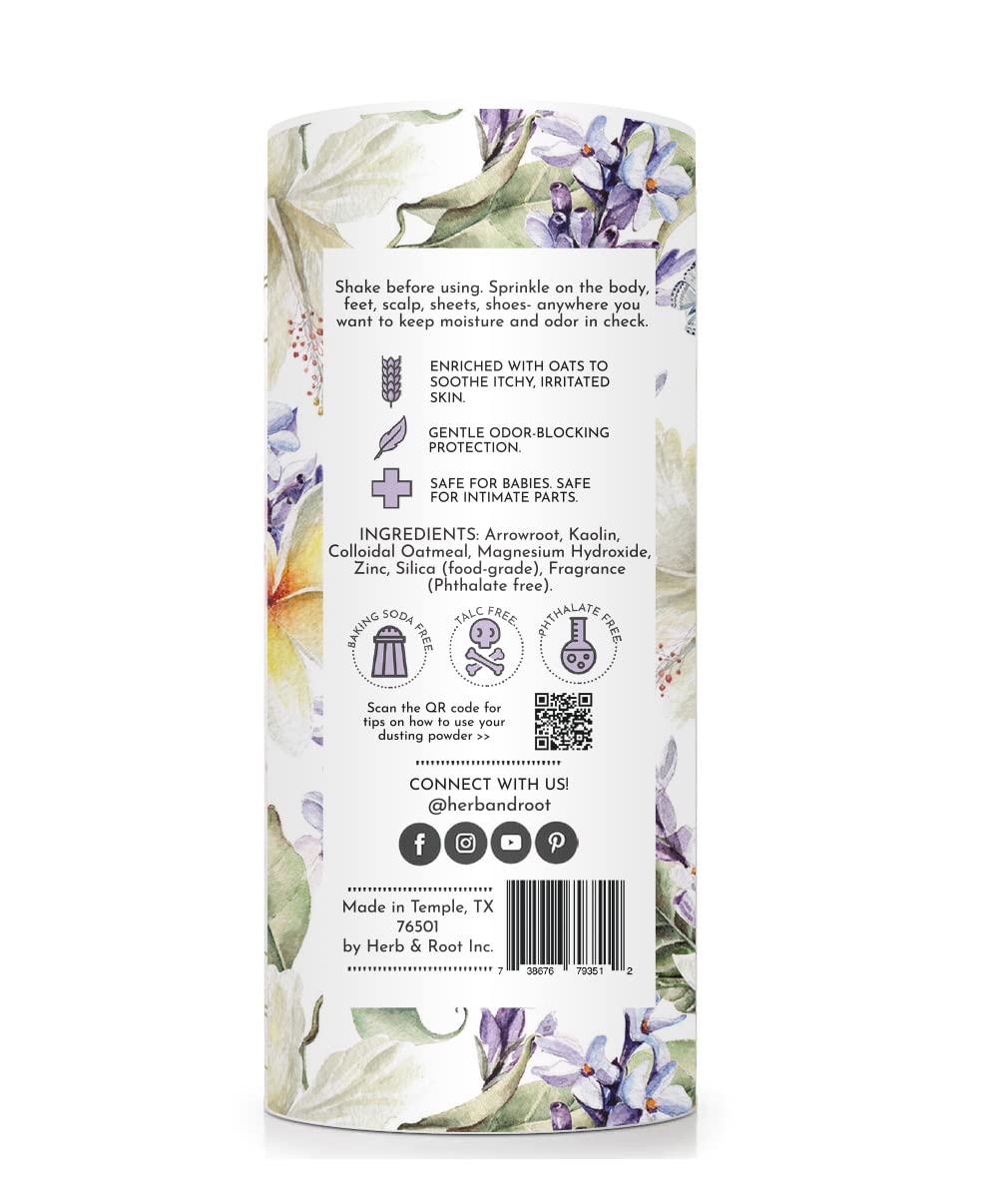 Herb & Root lavender dusting powder bottle shows clean packaging and natural ingredients.