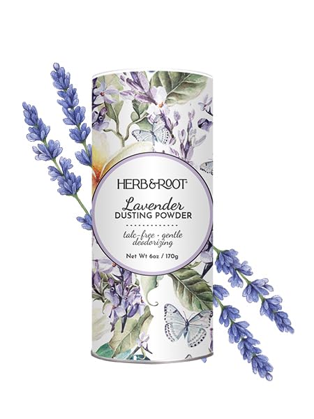 Herb & Root lavender dusting powder jar highlights talc-free formula and calming scent.