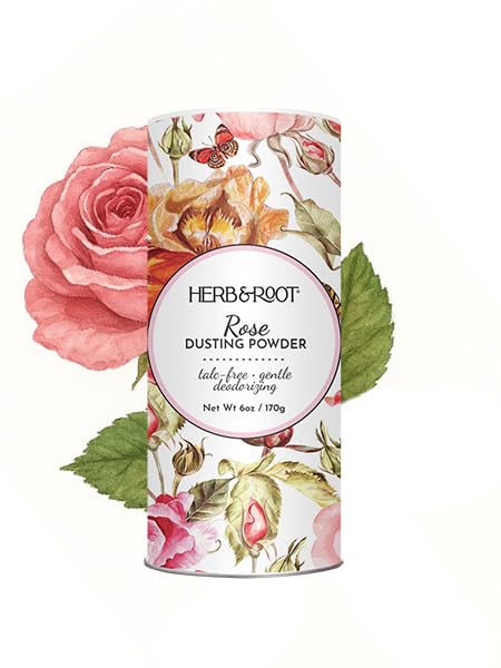Herb & Root rose dusting powder bottle for talc-free freshness and daily comfort.