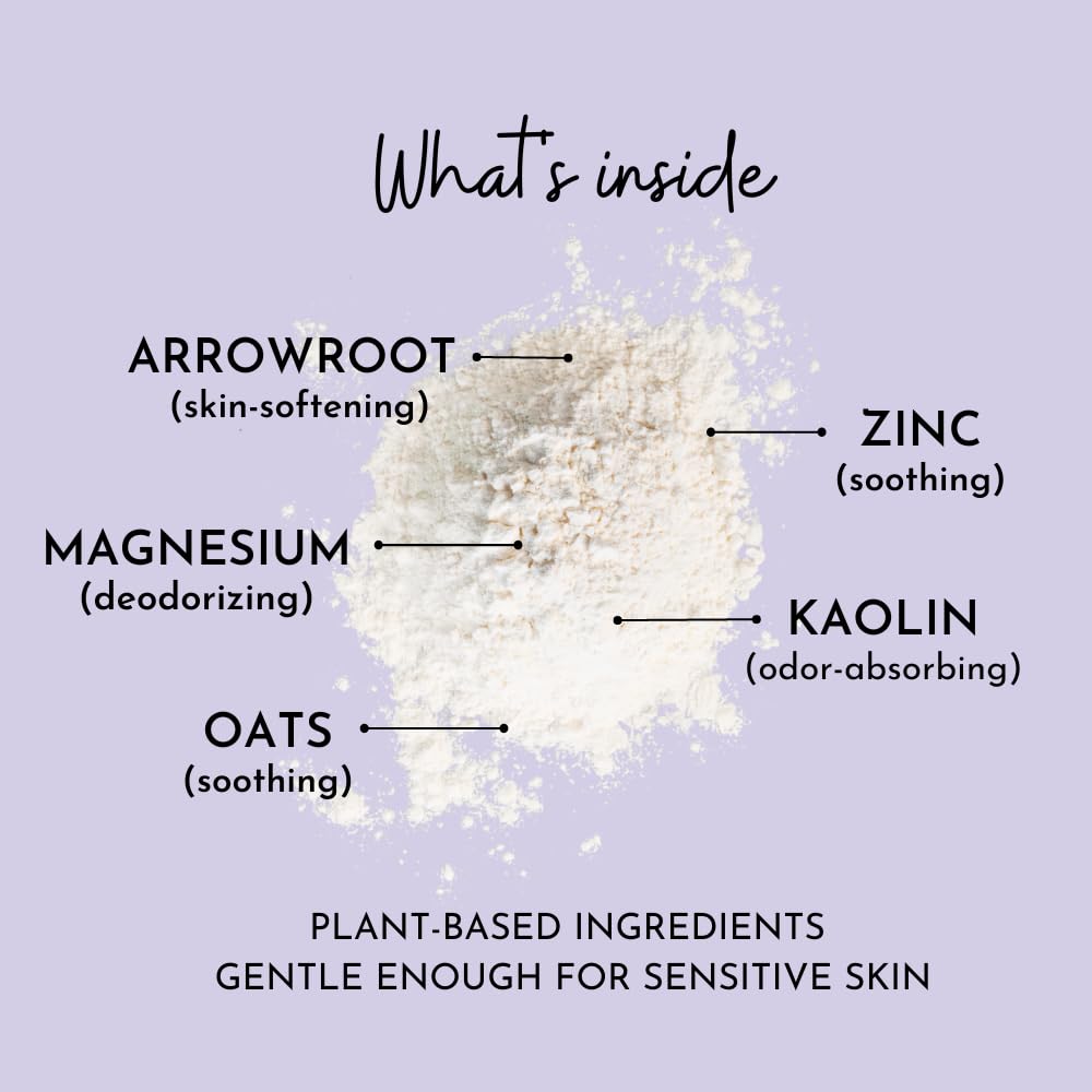 Herb Root Jasmine-scented powder jar highlights calming fragrance and lasting freshness.