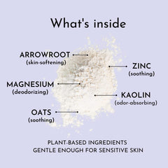 Herb & Root sandalwood dusting powder application shows moisture absorption for feet and body