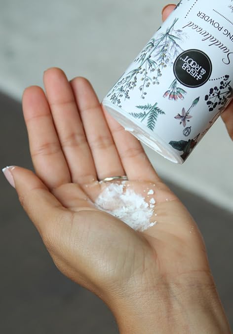 Herb & Root sandalwood dusting powder dispense keeps application neat and mess-free