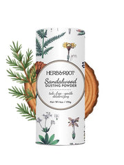 Herb & Root sandalwood dusting powder packaging highlights talc-free freshness