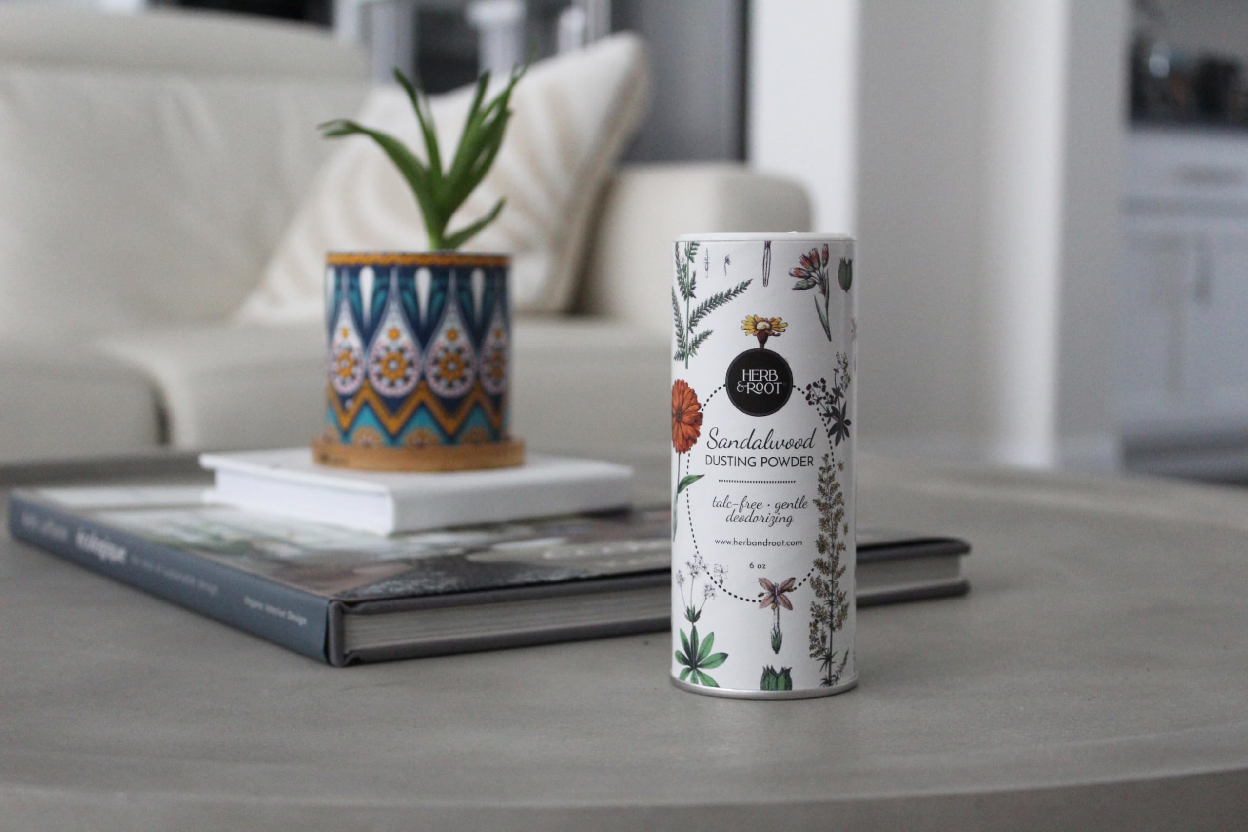 Herb & Root sandalwood dusting powder woody scent evokes spa-like calm