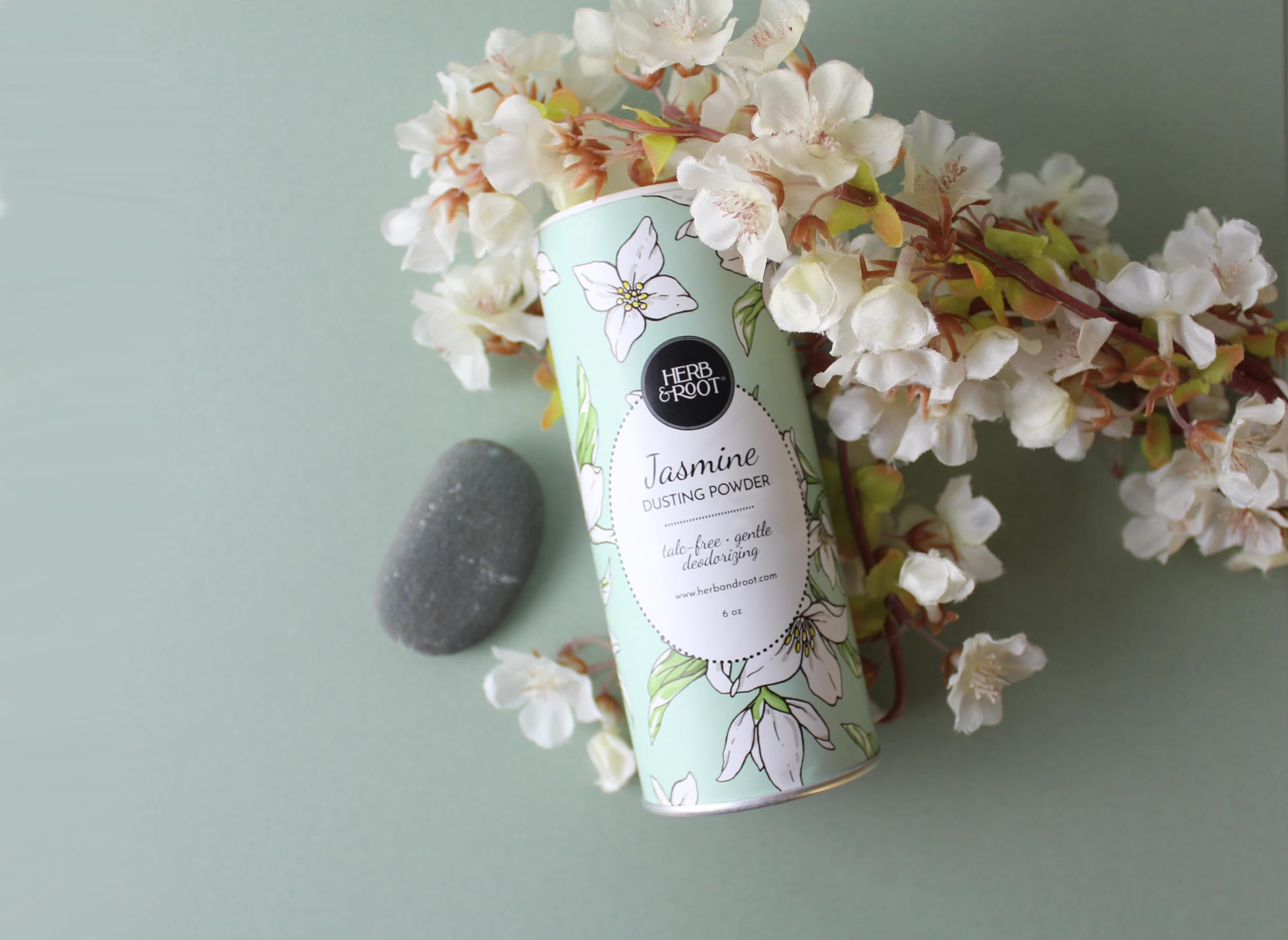 Herb Root silky-application powder swirl conveys easy, non-greasy texture.