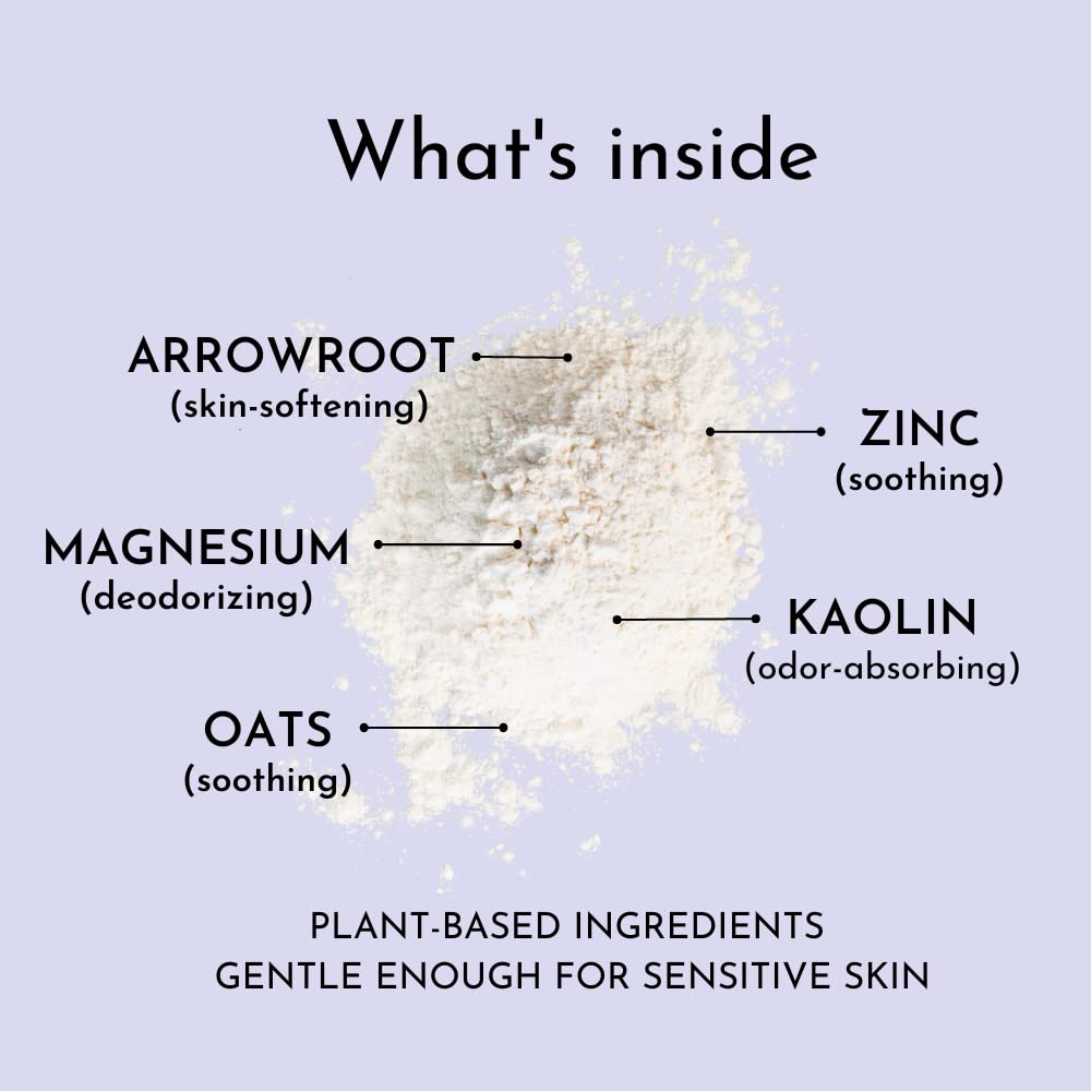 Herb & Root vanilla arrowroot oats closeup highlights natural absorbents for skin.