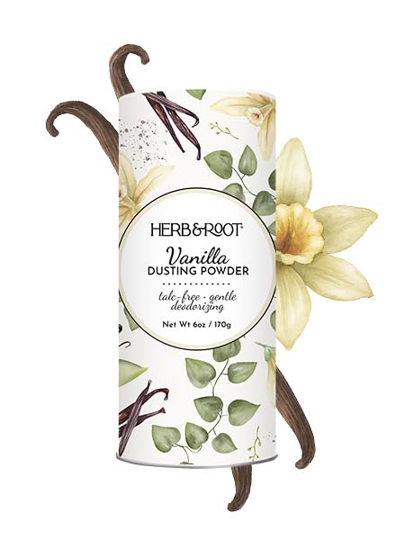 Herb & Root vanilla dusting powder bottle, talc-free for daily comfort.
