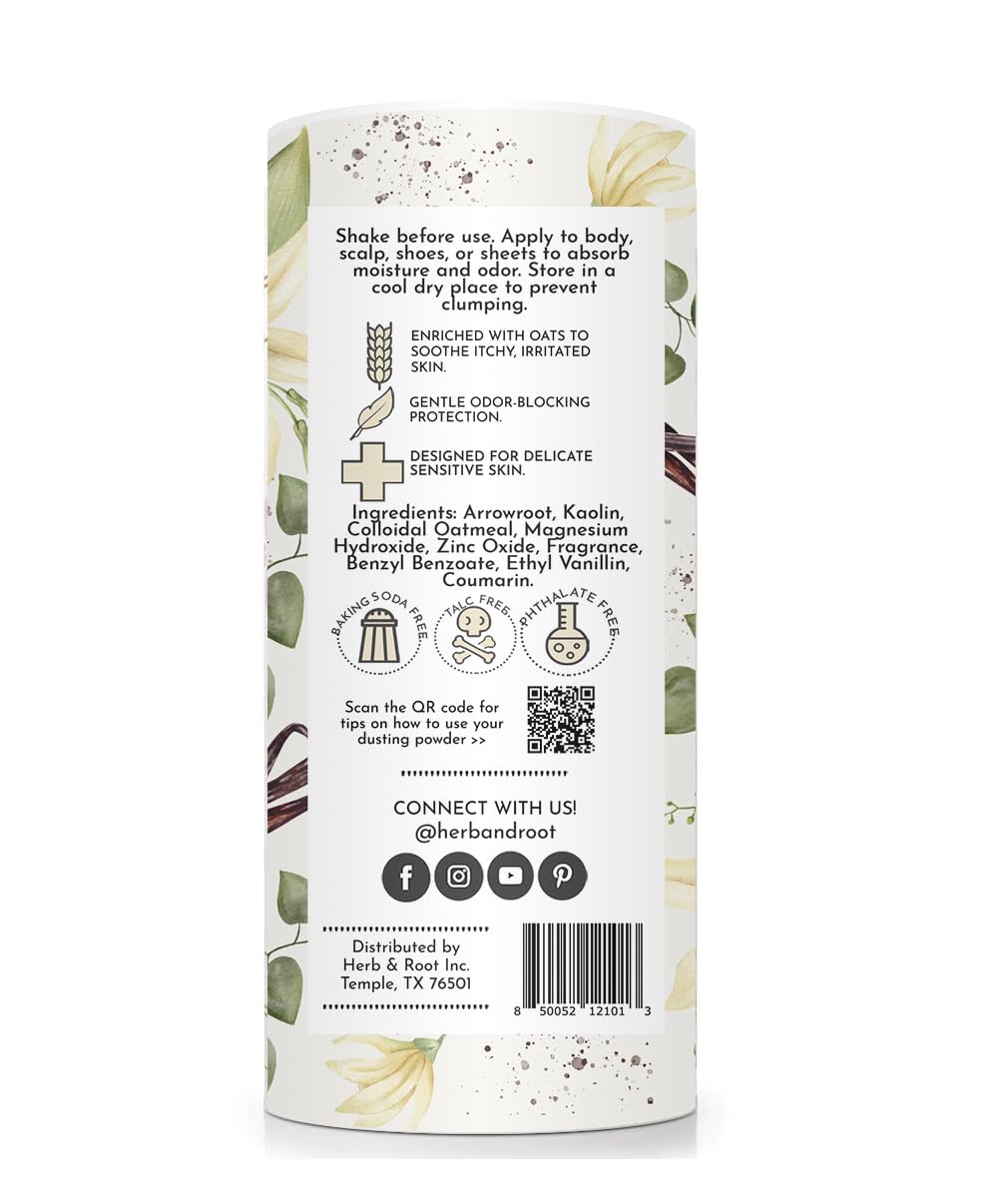 Herb & Root vanilla dusting powder being dispensed with smooth, mess-free application.
