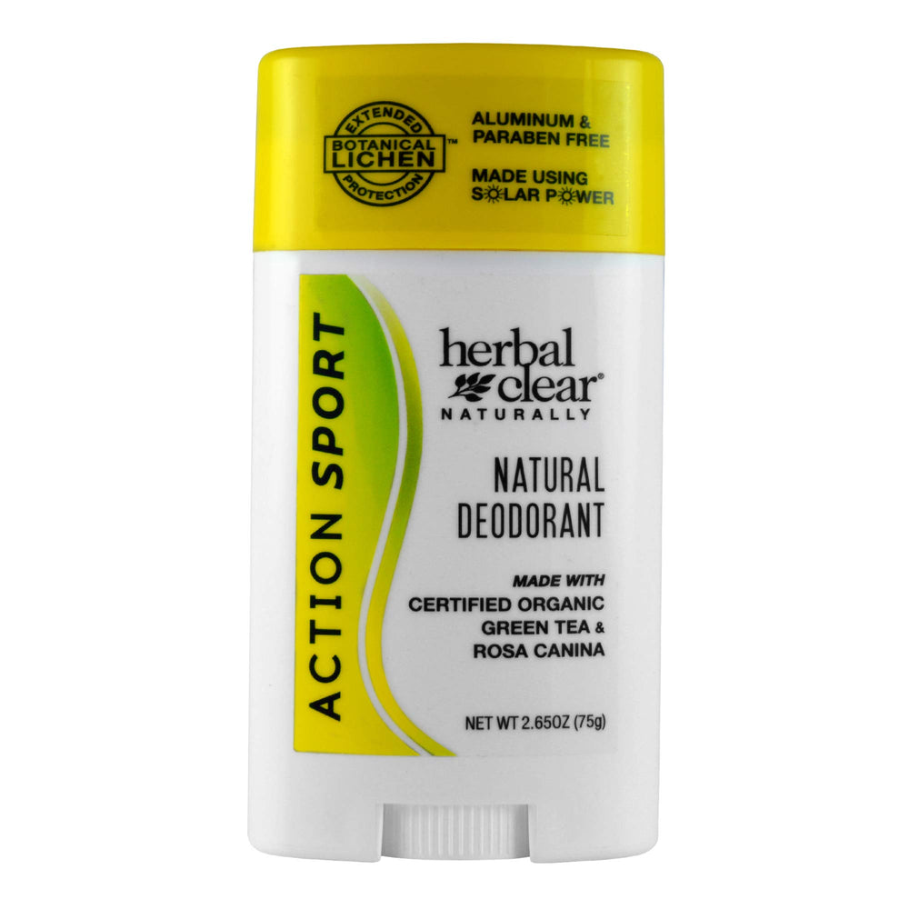Herbal Clear Naturally action sport deodorant package shows extended protection for active days