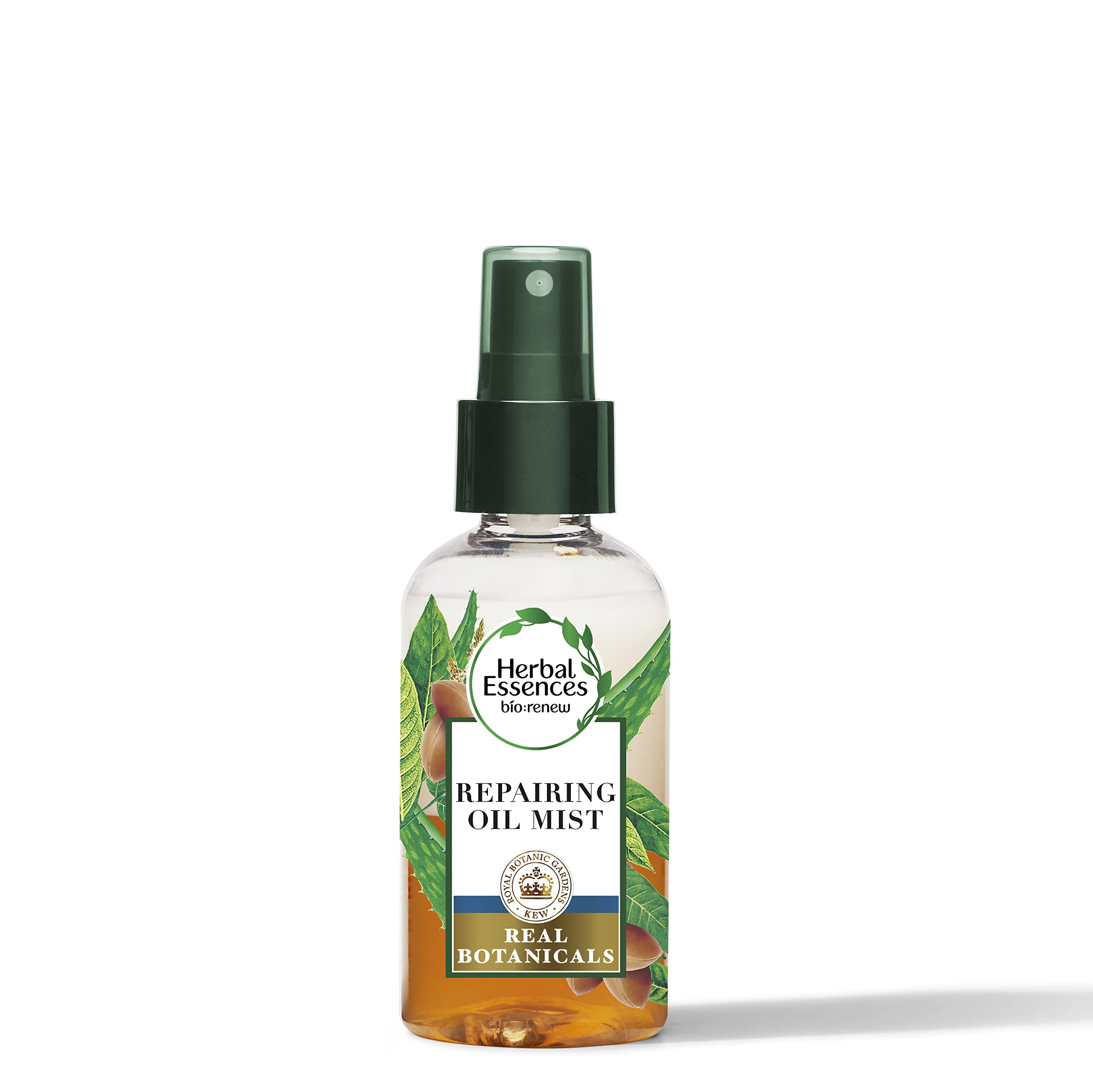 Herbal Essences Bio Renew Argan Oil Aloe mist bottle highlights lightweight repair for damaged hair.