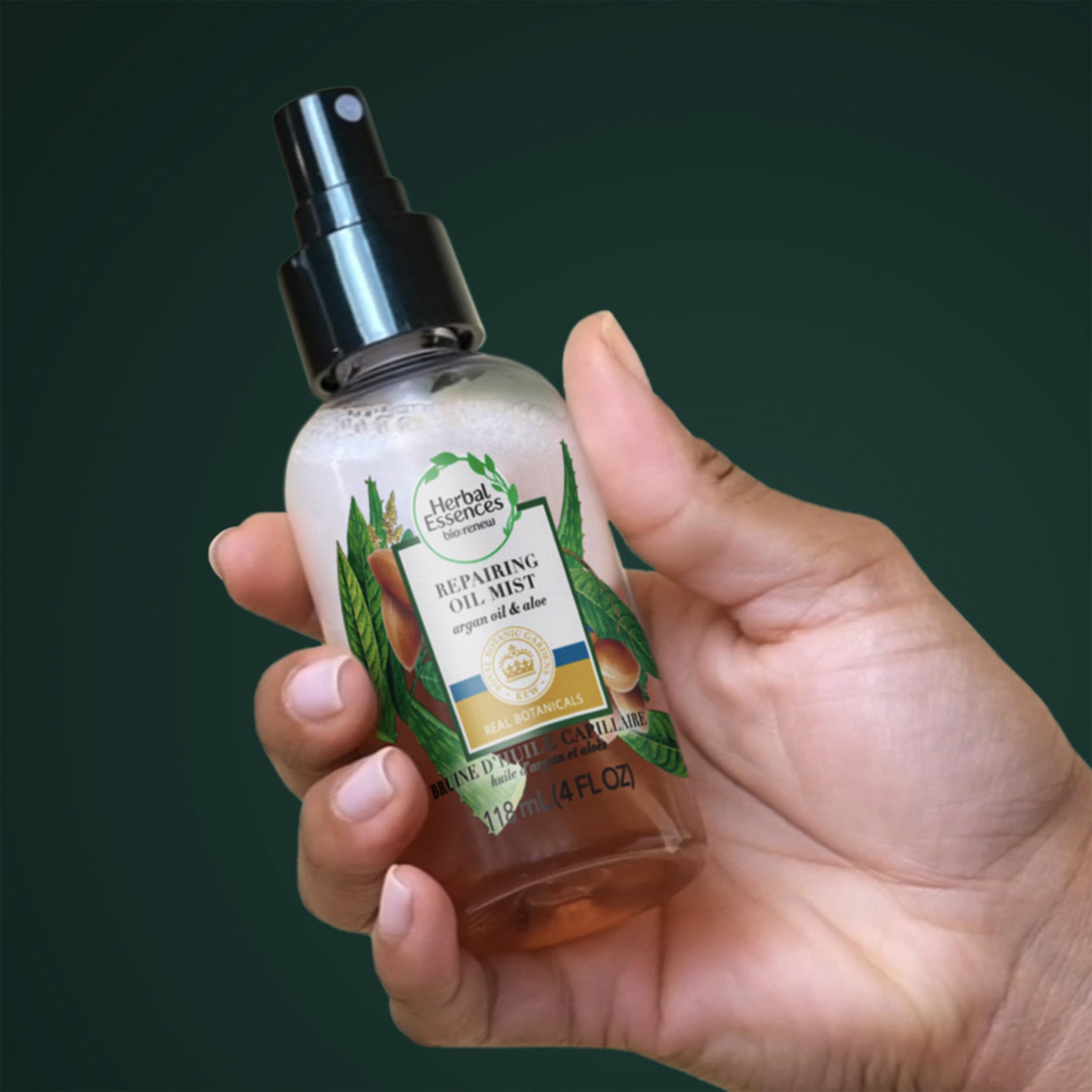 Herbal Essences Bio Renew Argan Oil Aloe mist closeup botanicals with aloe leaves.
