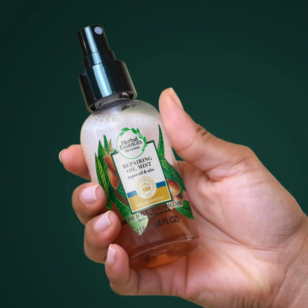 Herbal Essences Bio Renew Argan Oil Aloe mist closeup botanicals with aloe leaves.