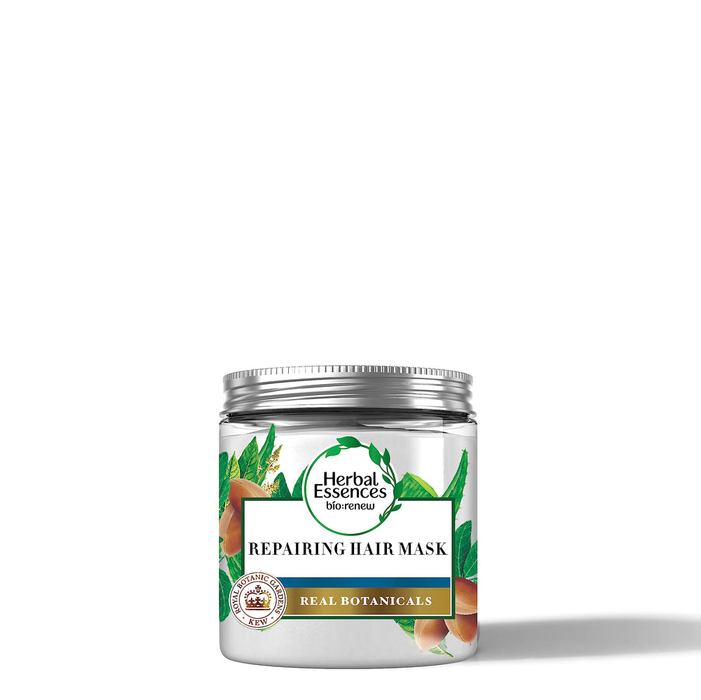 Herbal Essences bio:renew hemp & aloe repair mask jar for hydrating dry, damaged hair.