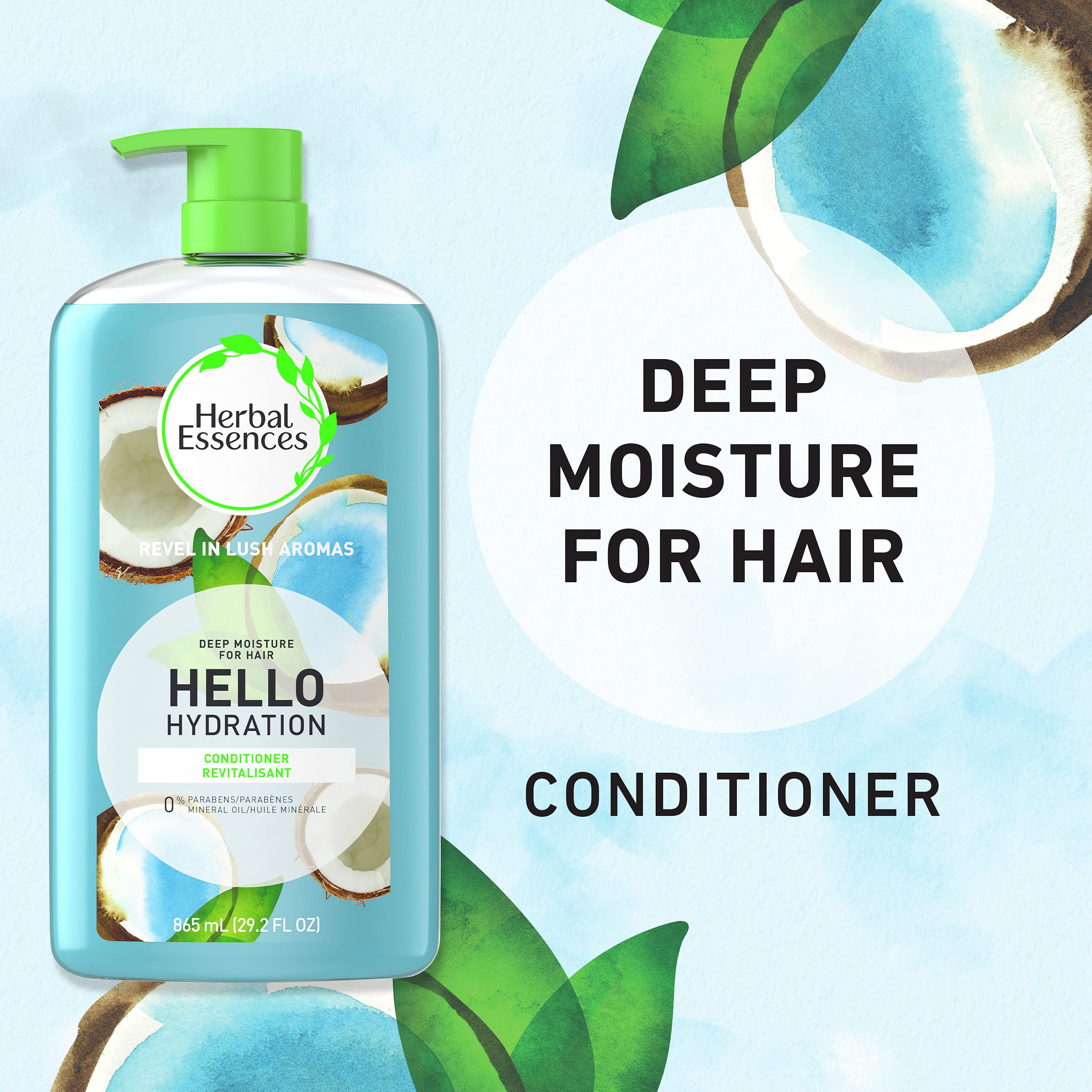 Herbal Essences paraben-free label emphasizes a mineral-oil-free formula for cleansing.