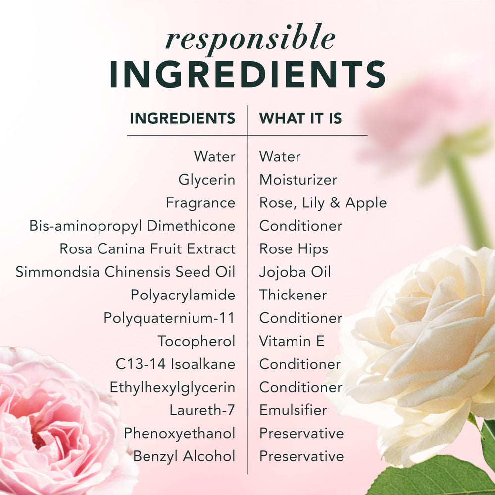 Visual of rose, apple, and lily notes representing Herbal Essences fragrance