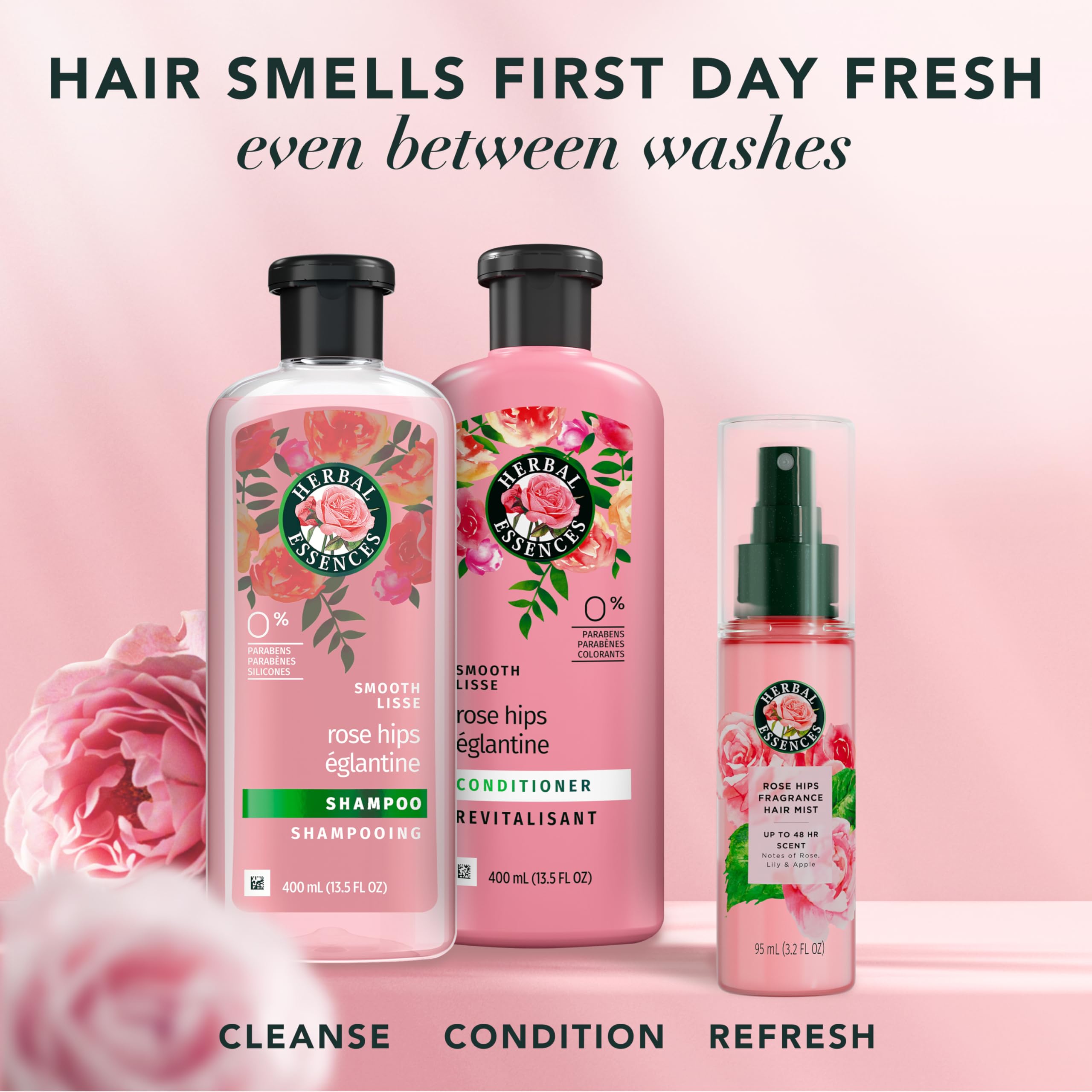 Herbal Essences bottle on vanity among styling tools for daily routine