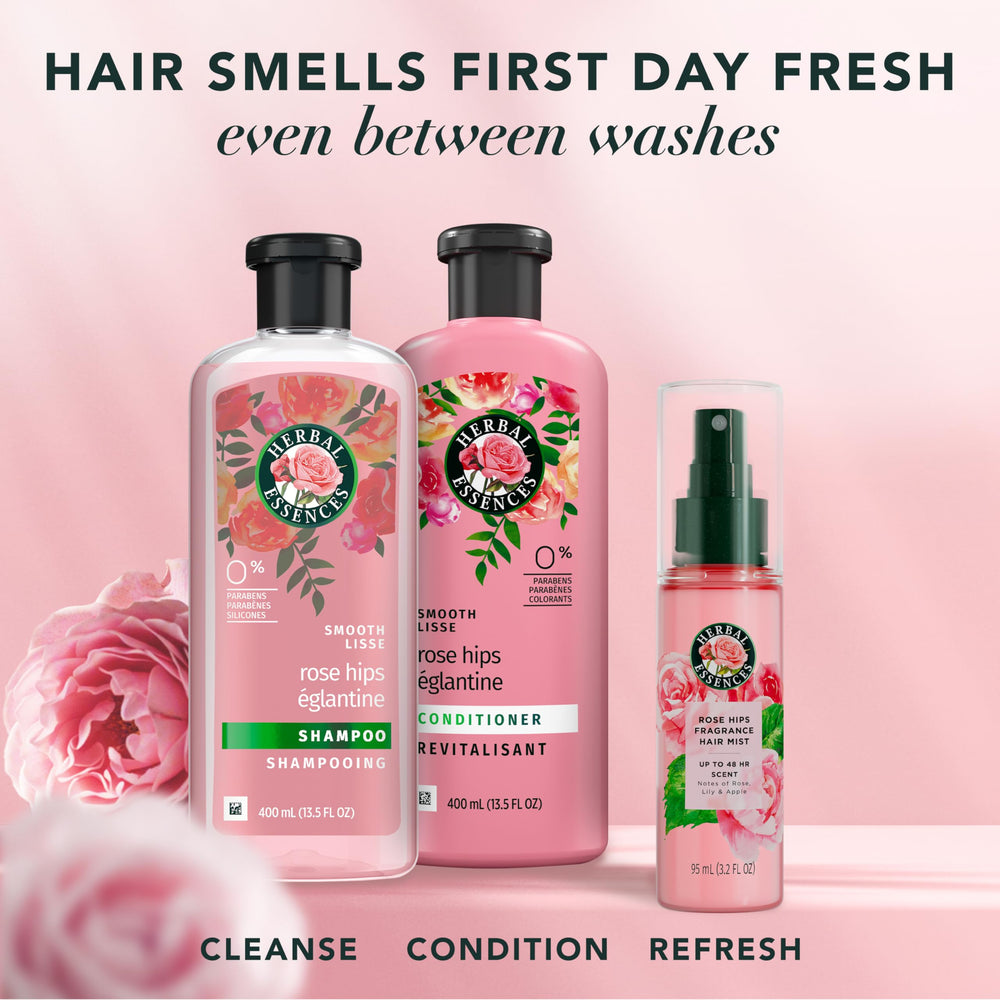 Herbal Essences bottle on vanity among styling tools for daily routine
