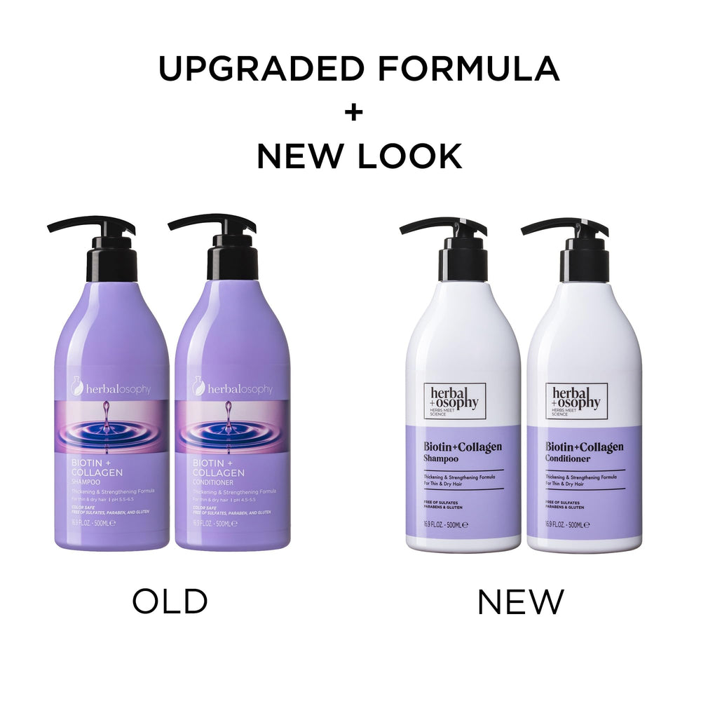 Herbalosophy biotin-collagen conditioner bottle — detangled, silky ends for easier styling.