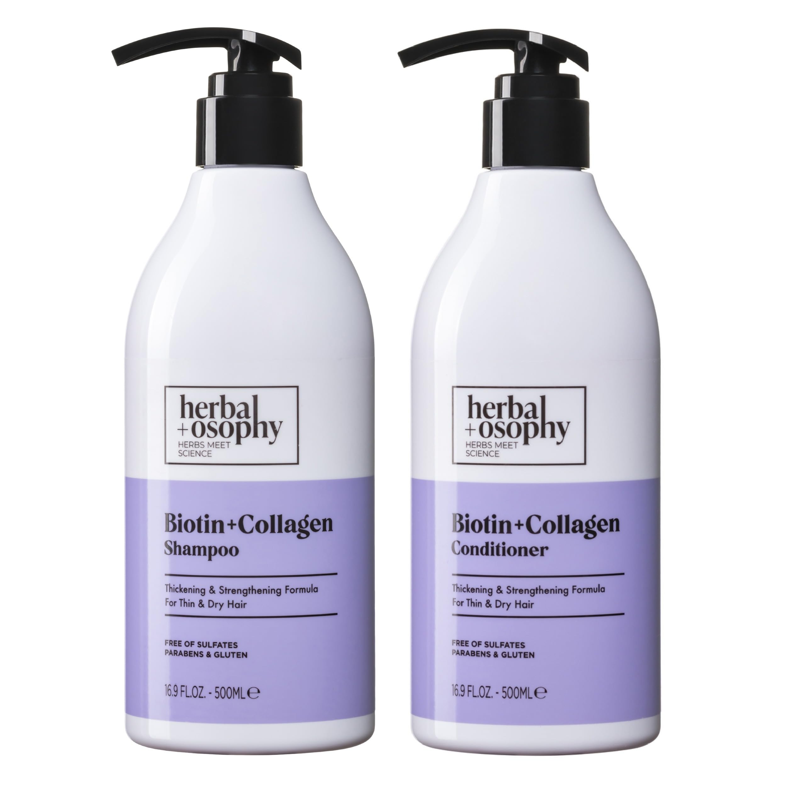 Herbalosophy biotin-collagen shampoo bottle — stronger-looking hair after cleansing.