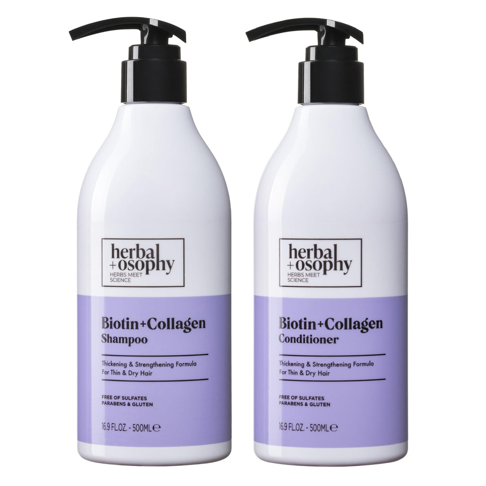 Herbalosophy biotin-collagen shampoo bottle — stronger-looking hair after cleansing.