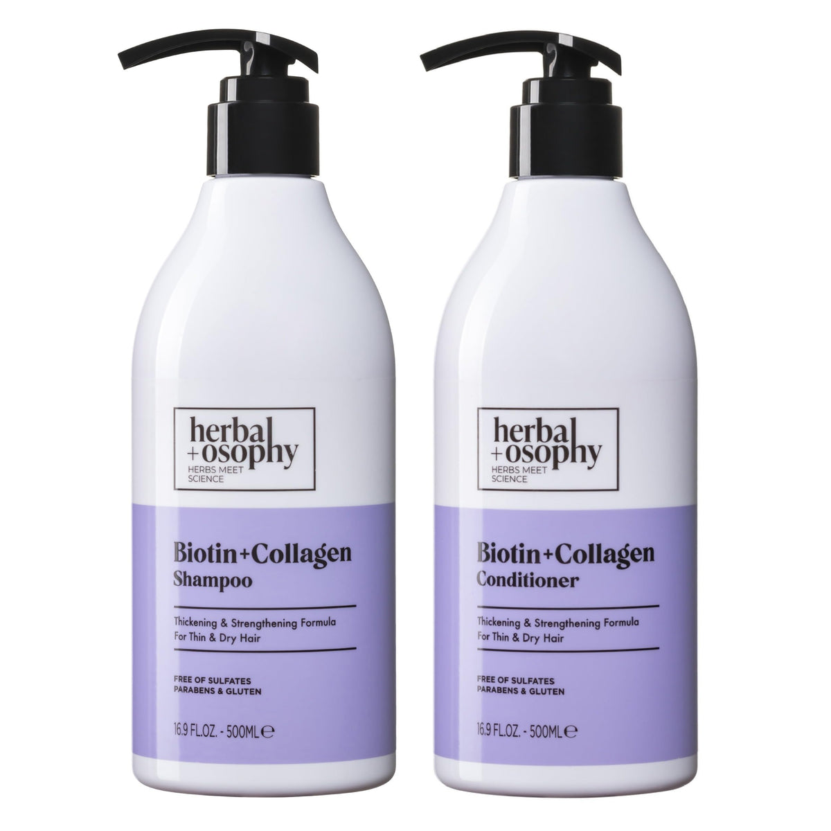 Herbalosophy biotin-collagen shampoo bottle — stronger-looking hair after cleansing.