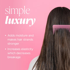 Herbalosophy Hair Shine closeup shows sleek, healthy-looking strands after use.