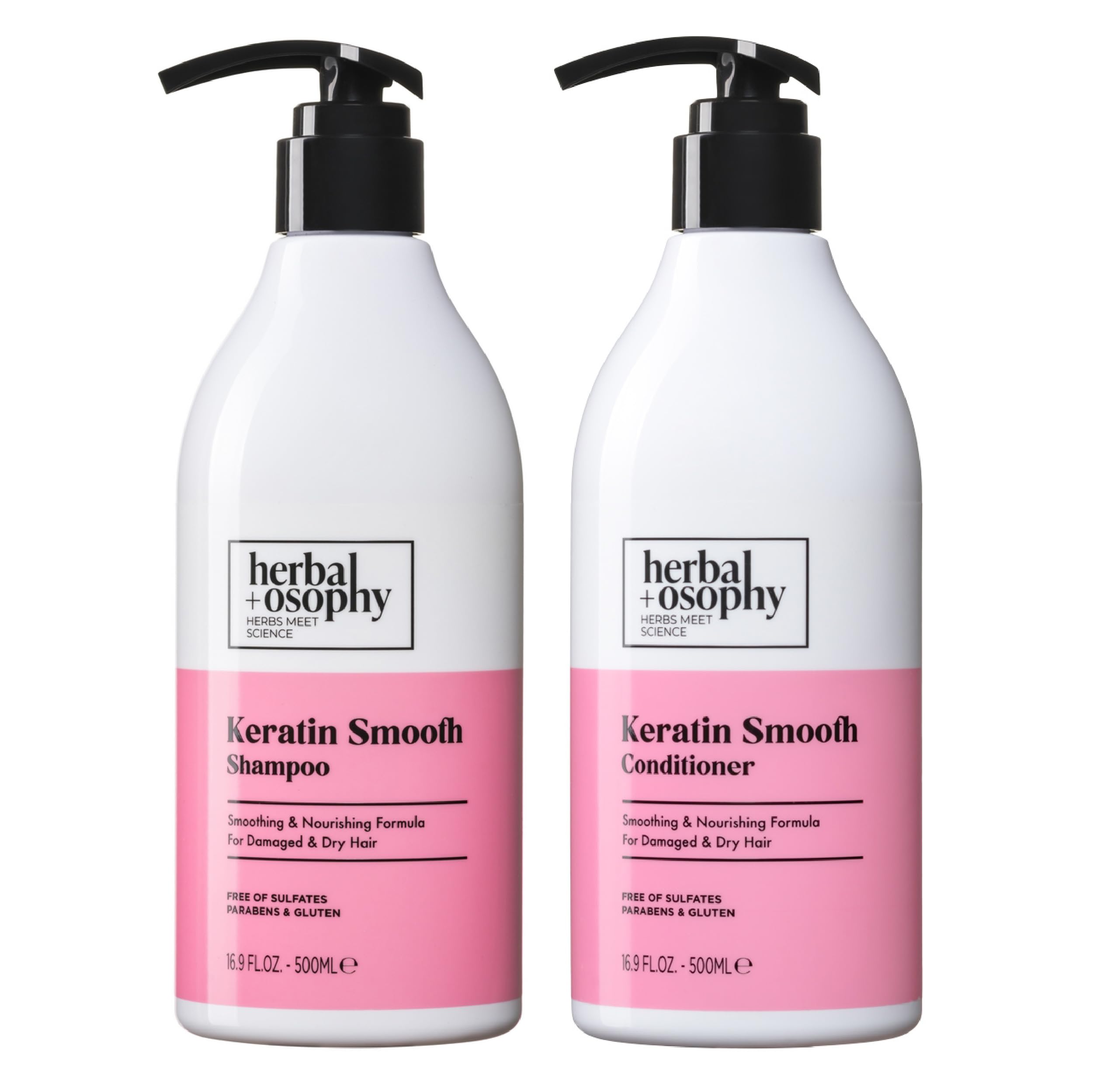 Herbalosophy Keratin Shampoo bottle pour promotes smooth, shiny hair for daily cleansing.