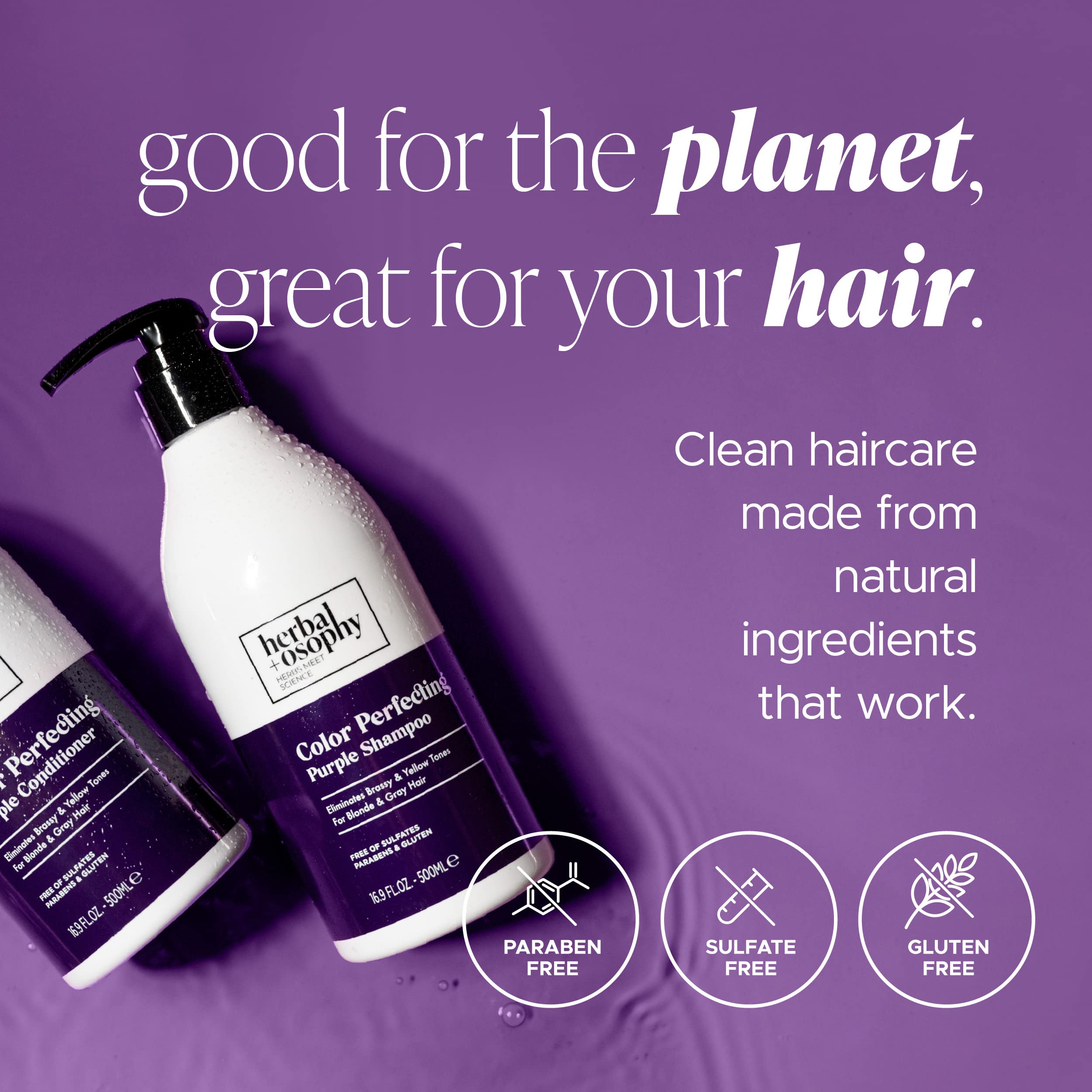Herbalosophy Purple Conditioner balances pH for soft, manageable hair.