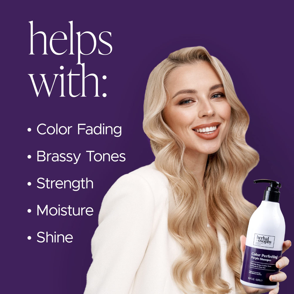 Herbalosophy Purple Shampoo balances pH for healthy scalp comfort.