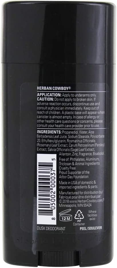 Herban Cowboy DUSK deodorant aluminum-free label emphasizes skin-friendly composition