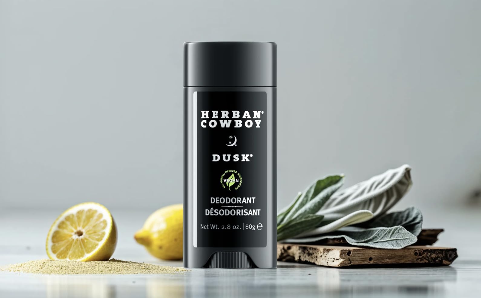 Herban Cowboy Dusk scent profile visual highlighting cedar, lavender, lime, sandalwood for a long-lasting aroma.