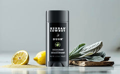 Herban Cowboy Dusk scent profile visual highlighting cedar, lavender, lime, sandalwood for a long-lasting aroma.