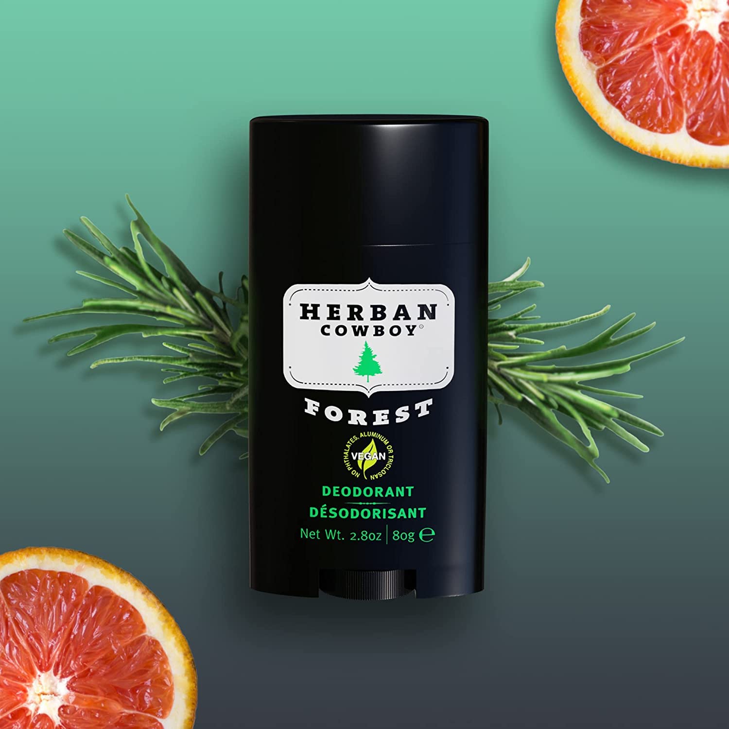 Herban Cowboy Forest Deodorant 2.8 oz tube close-up emphasizes compact size.