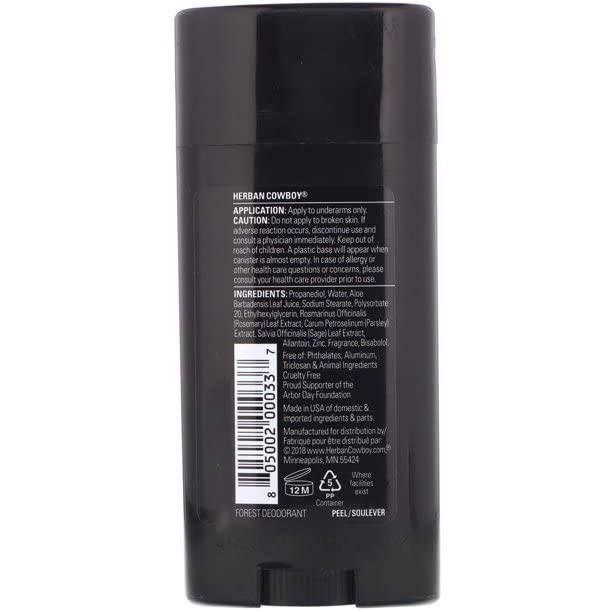 Herban Cowboy Forest Deodorant packaging shows a sturdy 3-pack for travel.