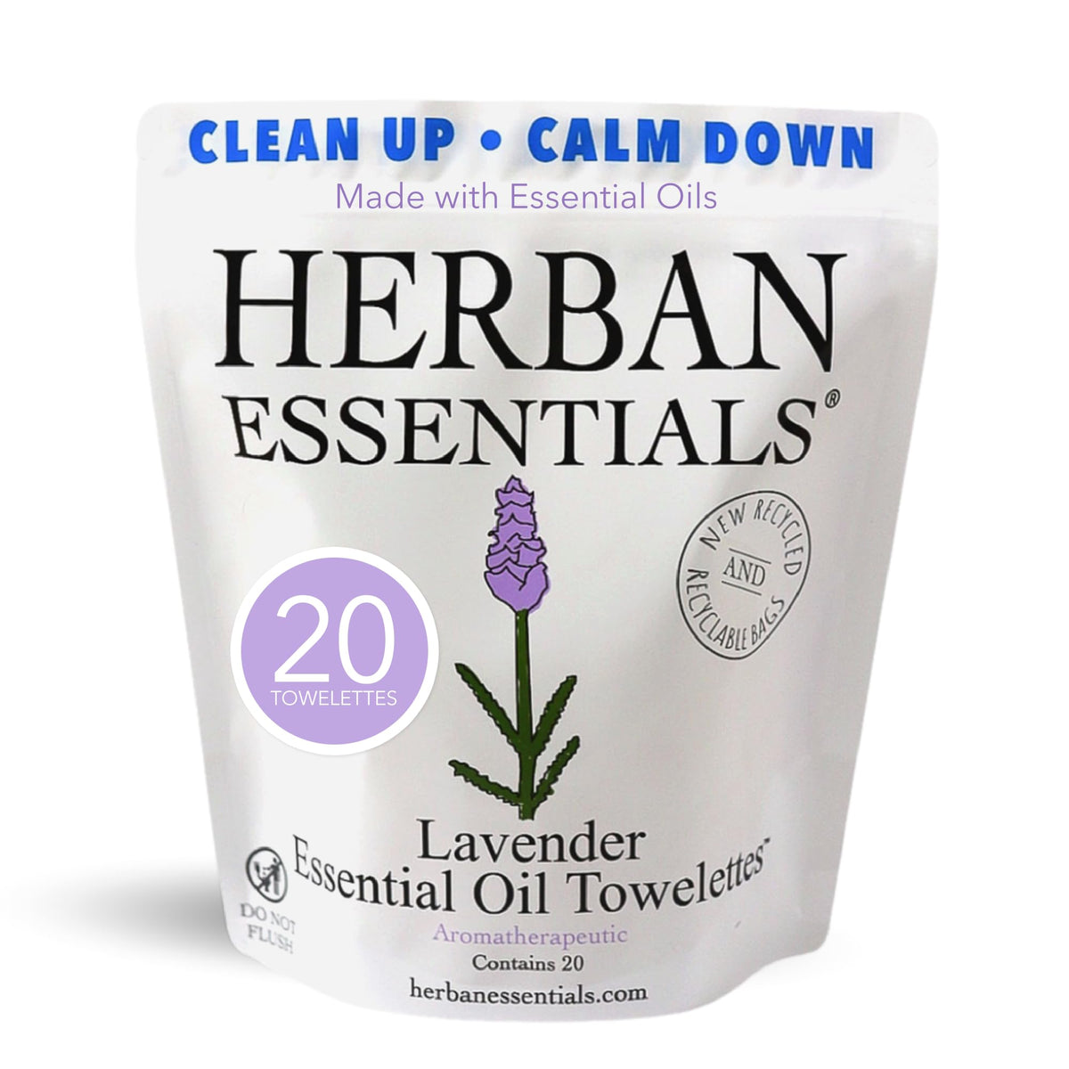 Herban Essentials lavender-wipes front-packaging shows travel-size convenience.