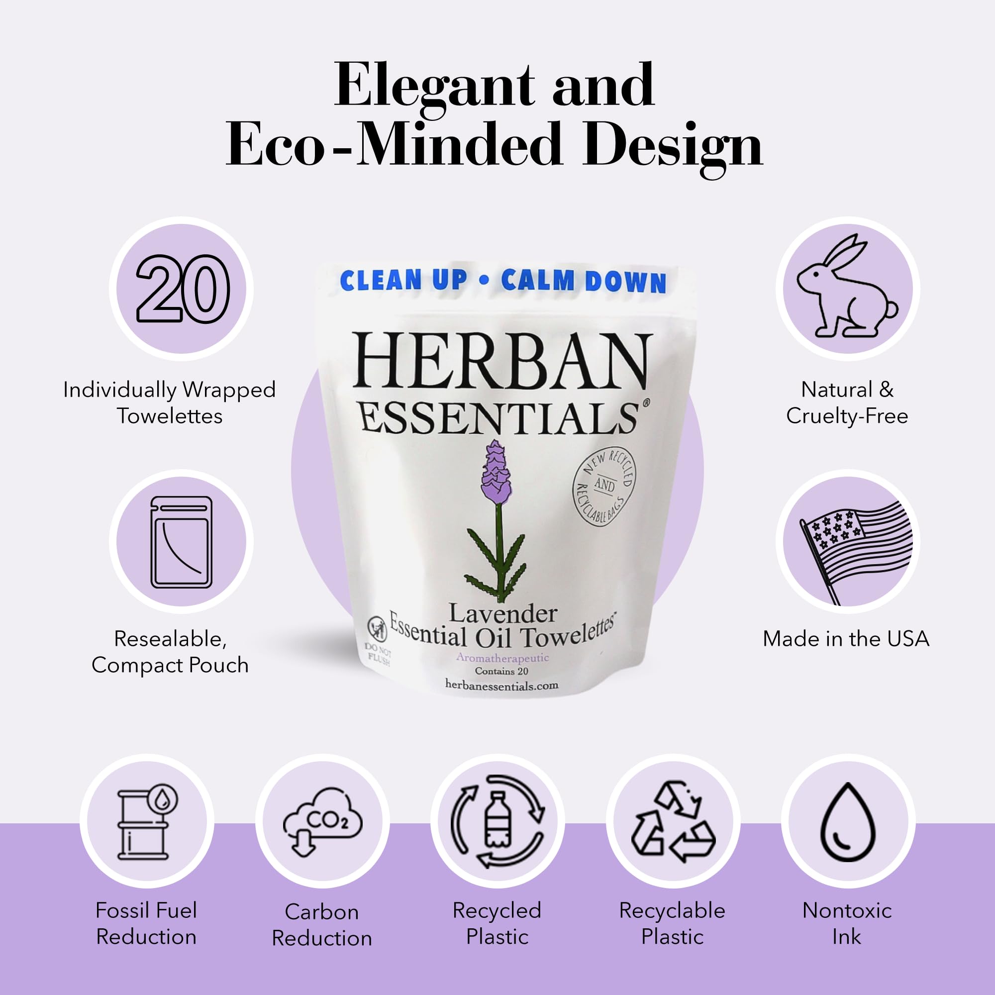 Herban Essentials lavender-wipes travel pouch ready for on-the-go refreshment.