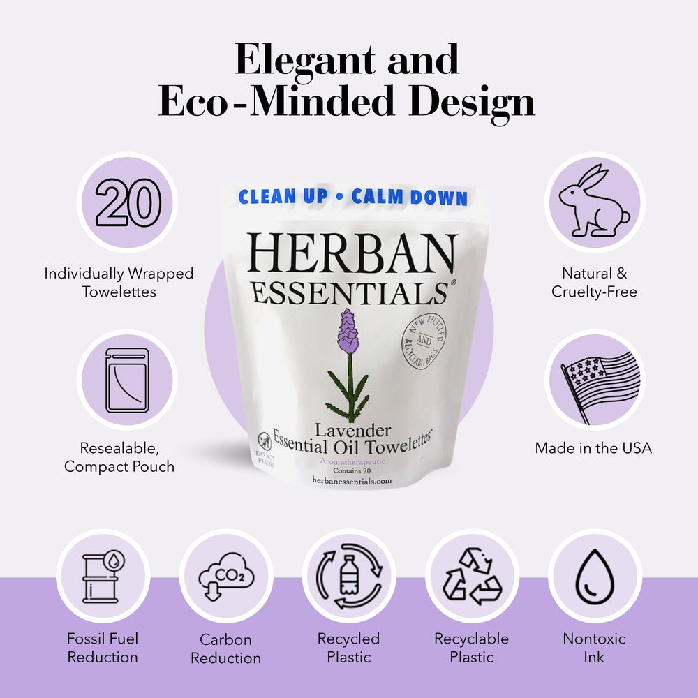 Herban Essentials lavender-wipes travel pouch ready for on-the-go refreshment.