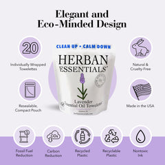 Herban Essentials lavender-wipes travel pouch ready for on-the-go refreshment.
