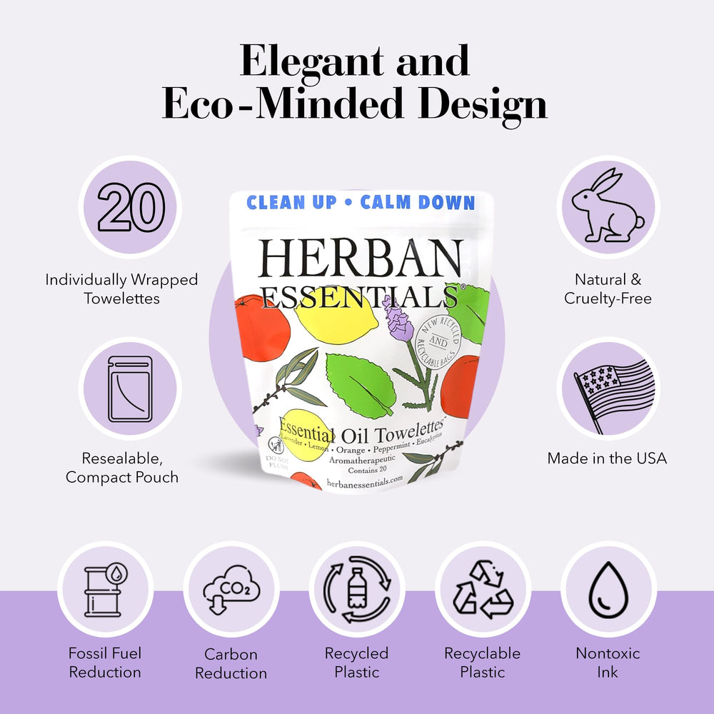 Herban Essentials travel-size wipes in a purse-ready package for quick refreshment
