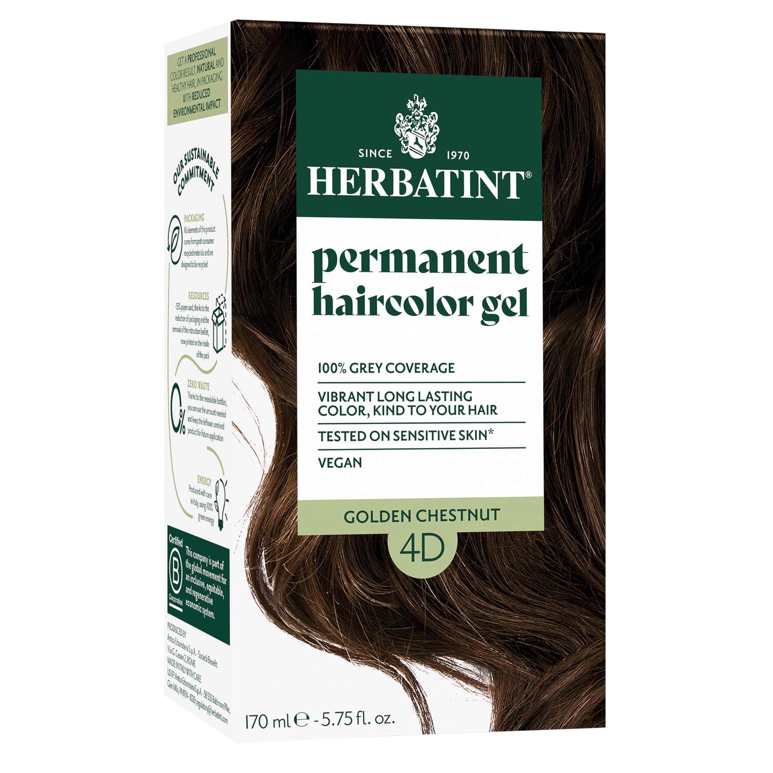 Herbatint 4D Golden Chestnut packaging shows eco-friendly design for sustainable hair color.