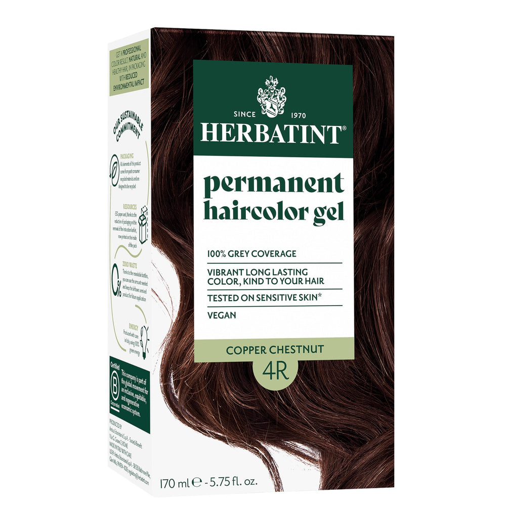 Herbatint 4R Copper Chestnut bottle shows ammonia-free formula for safer color
