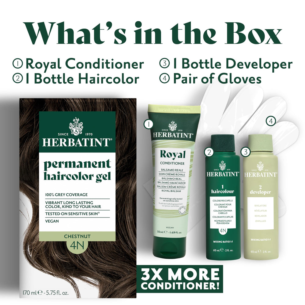 Herbatint dye-on-hair process close-up shows even color and 100% gray coverage potential