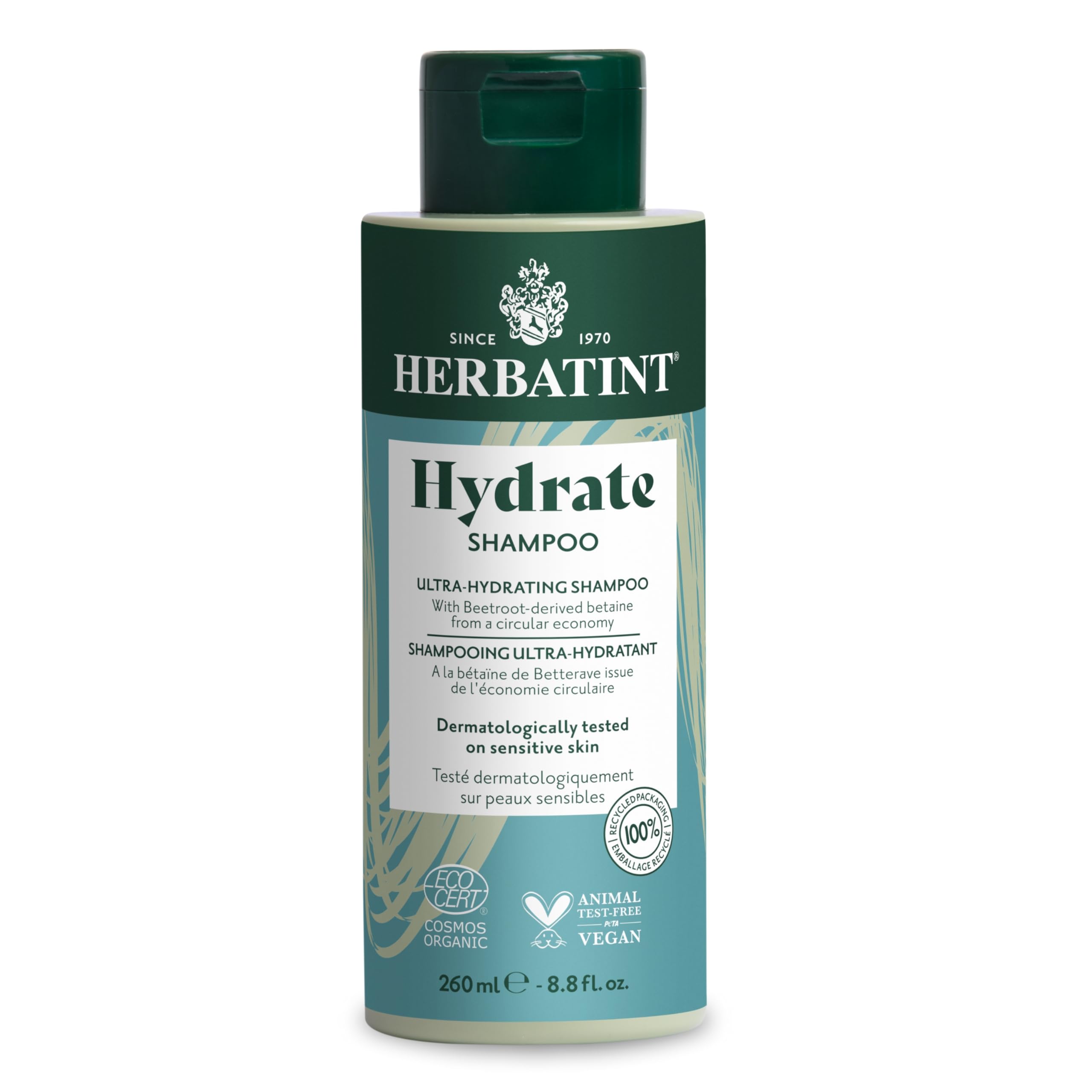 Herbatint Hydrate Shampoo bottle closeup showing deep moisture and gentle cleansing.